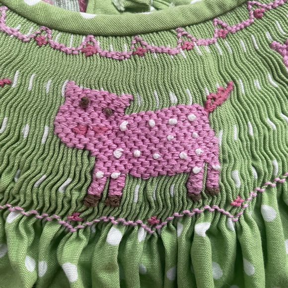 Castles & Crowns Dress Girls 2 Green White Polka Dot Smocked Short Sleeve Midi - Picture 5 of 6